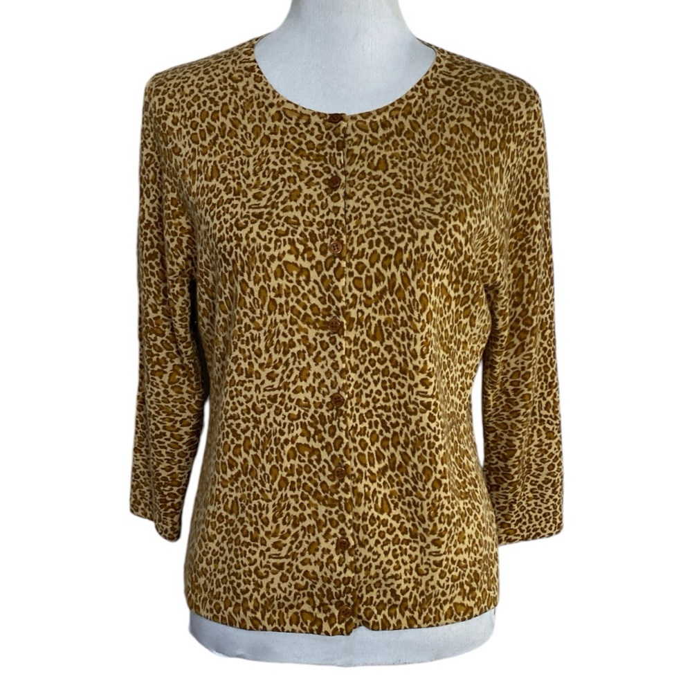 Garnet Hill 100% Merino Wool Animal Print Cardigan Sweater Size Medium